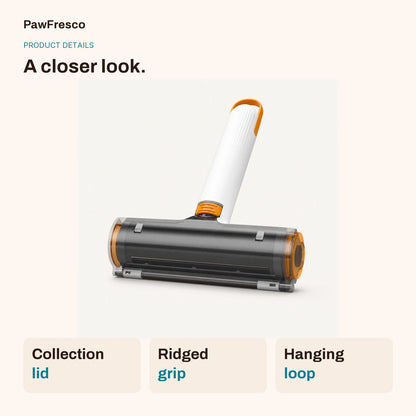 Pet hair roller detail card showing the collection lid, ridged grip and orange hanging loop.