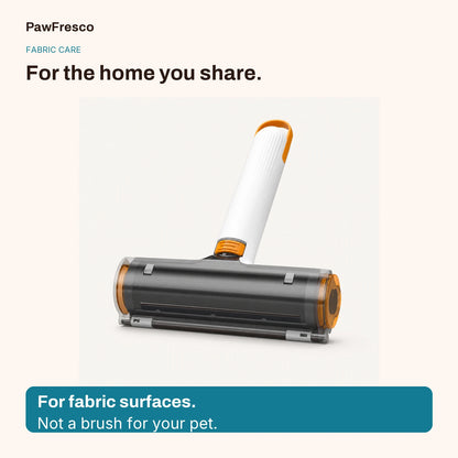 Fabric-care card showing the white and orange pet hair roller with the message: for fabric surfaces, not a brush for your pet.