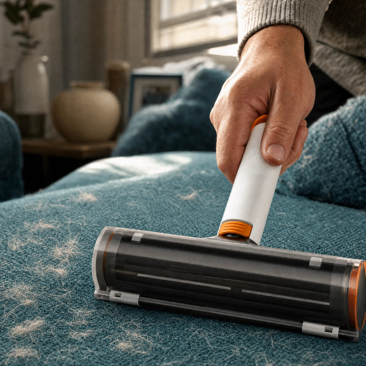 AI lifestyle illustration of a hand using the white and orange pet hair roller on a teal fabric sofa with visible loose pet hair.
