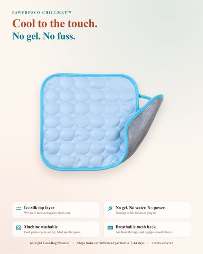 PawFresco ChillMat features — ice-silk top layer, no gel, machine washable, non-slip mesh back