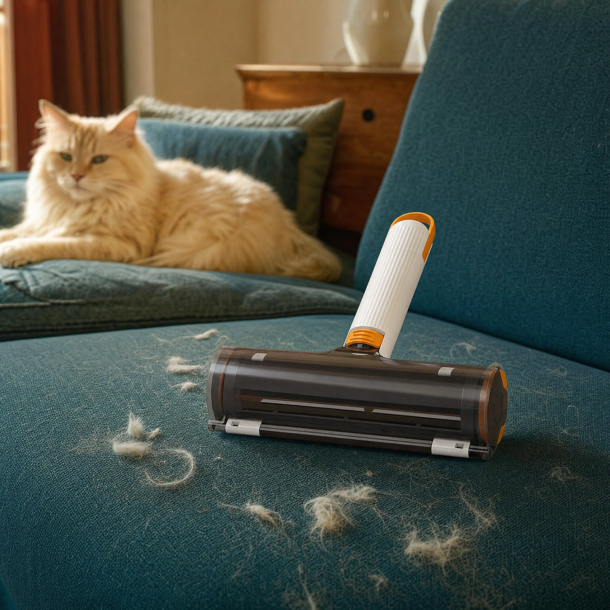 AI lifestyle illustration of the white and orange roller beside loose pet hair on a teal sofa, with a relaxed cat in the background.