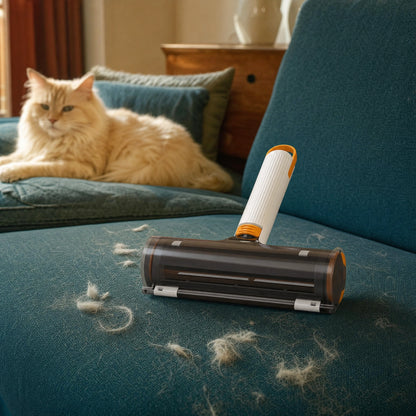 AI lifestyle illustration of the white and orange roller beside loose pet hair on a teal sofa, with a relaxed cat in the background.