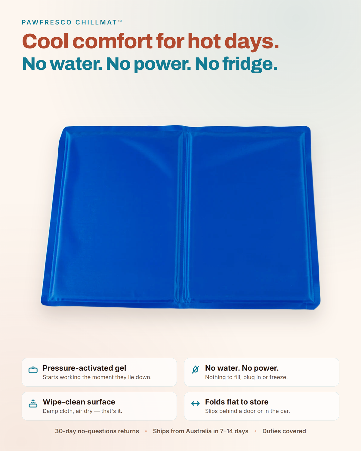 PawFresco ChillMat features — pressure-activated gel, wipe-clean, folds flat, 30-day returns
