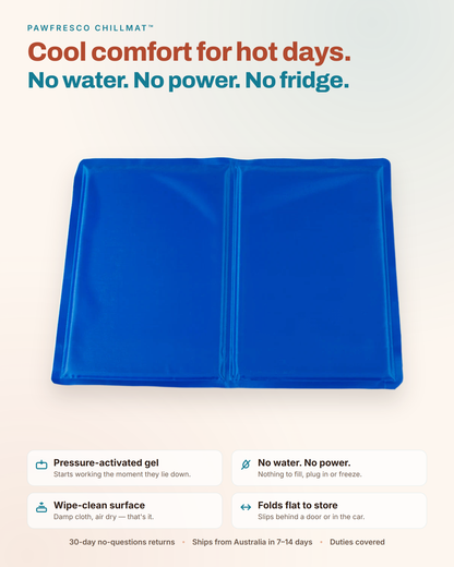 PawFresco ChillMat features — pressure-activated gel, wipe-clean, folds flat, 30-day returns