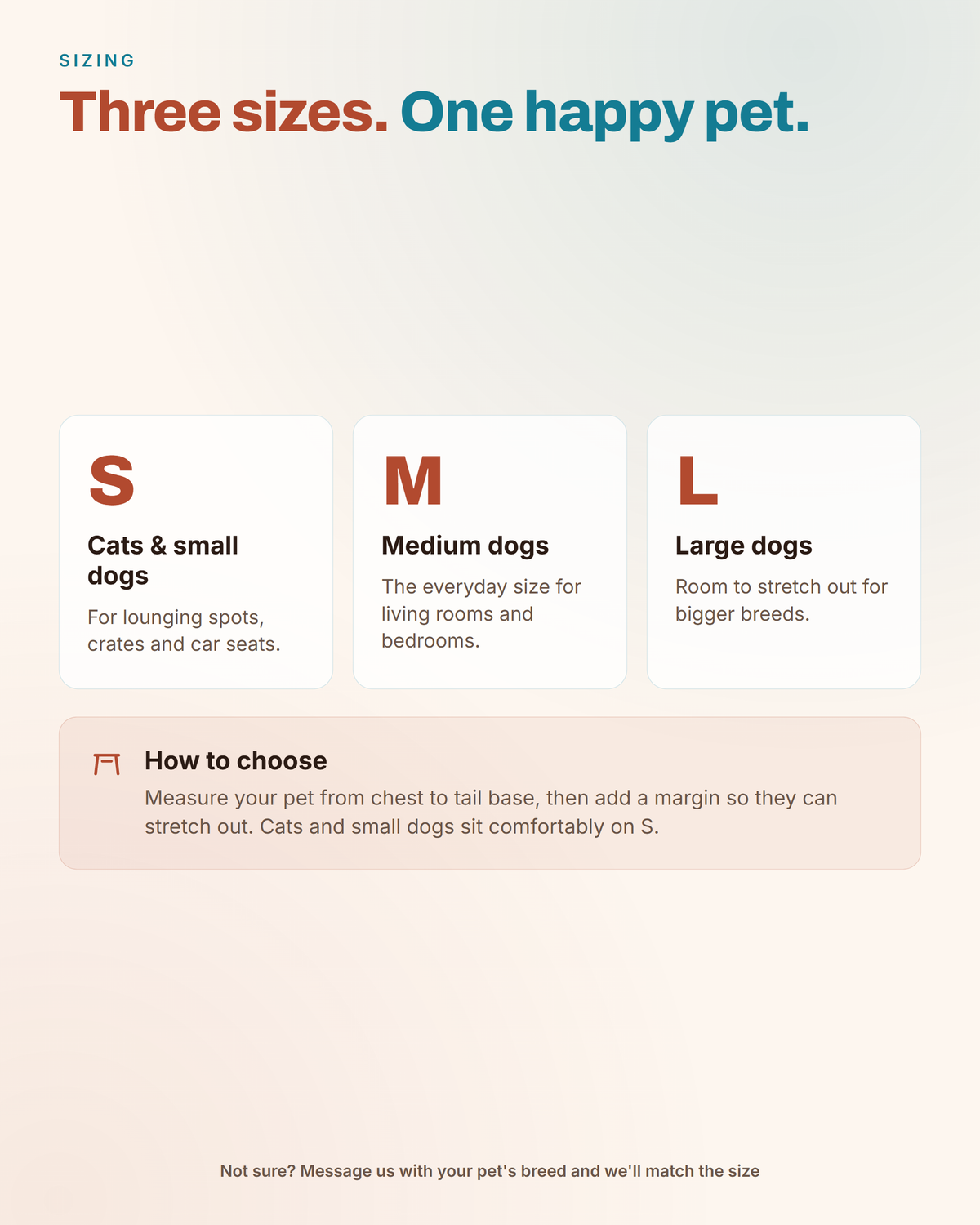 ChillMat sizing guide — S for cats and small dogs, M for medium dogs, L for large dogs