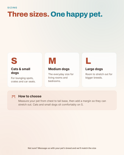 ChillMat sizing guide — S for cats and small dogs, M for medium dogs, L for large dogs