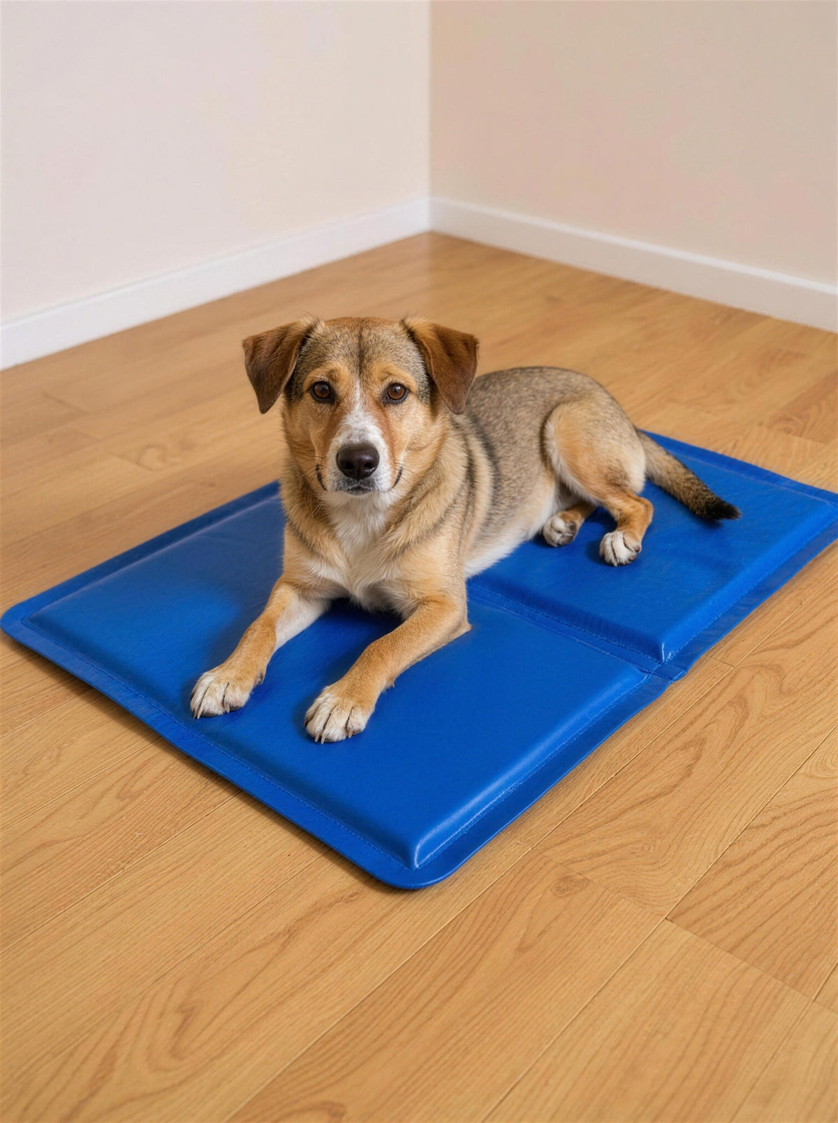 Medium dog lying on the ChillMat with the whole mat visible for scale