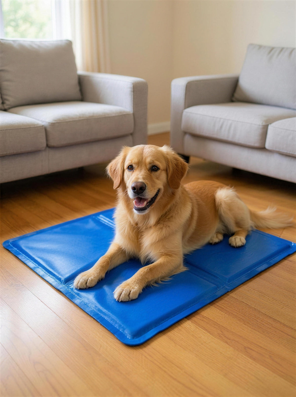 Golden retriever relaxing on a PawFresco ChillMat in an Australian living room