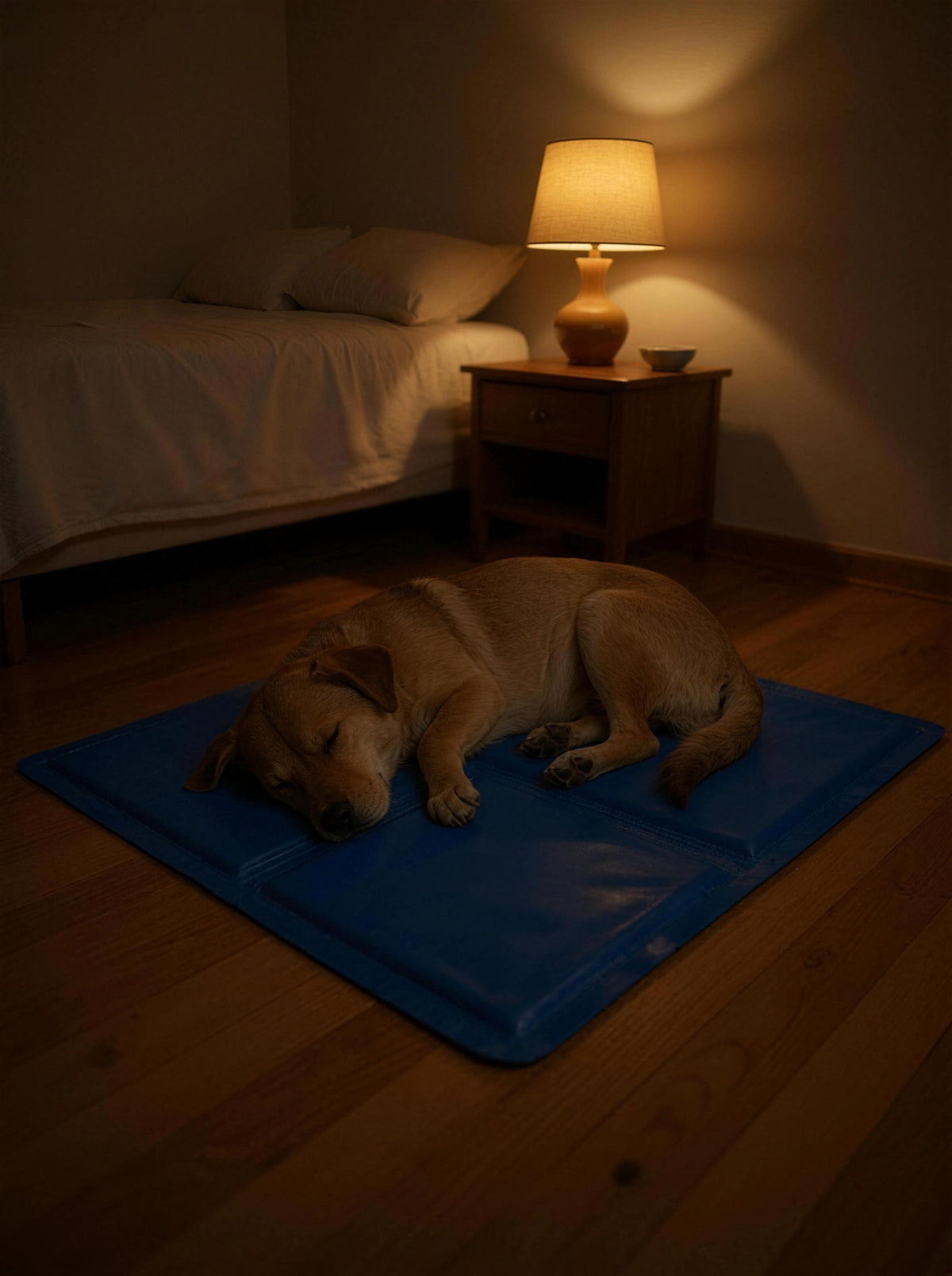 Dog sleeping on the ChillMat beside a bed on a warm Australian summer night