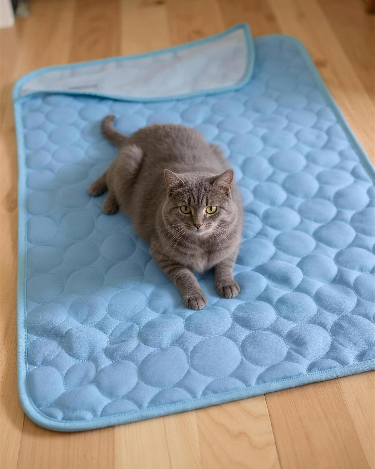 A cat lying on the PawFresco ChillMat, showing the breathable mesh backing