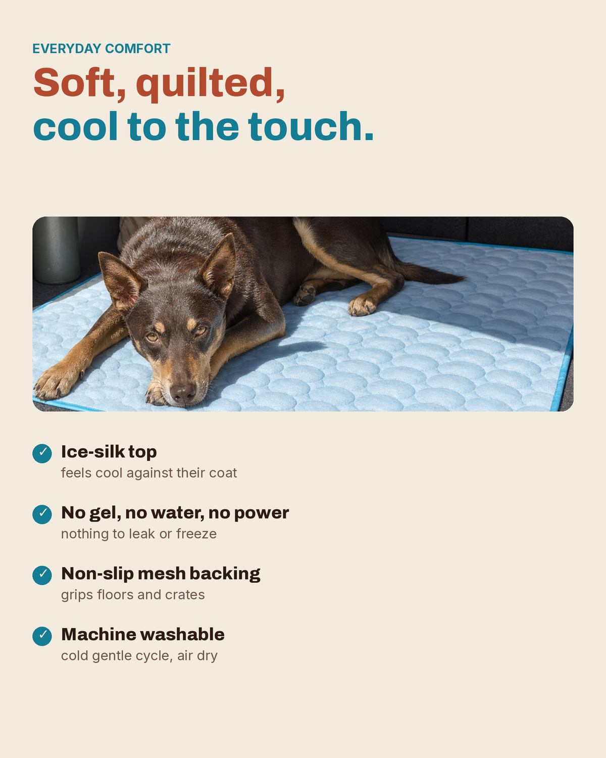 Kelpie resting on the PawFresco ChillMat ice-silk mat