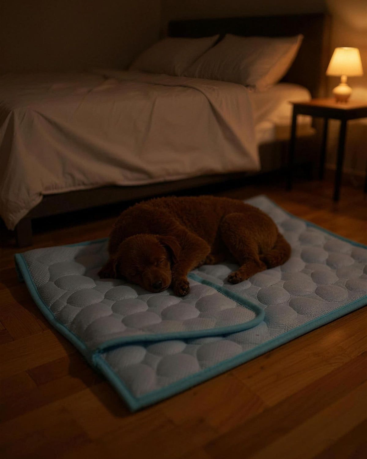 A dog sleeping on the ChillMat beside a bed on a warm summer night