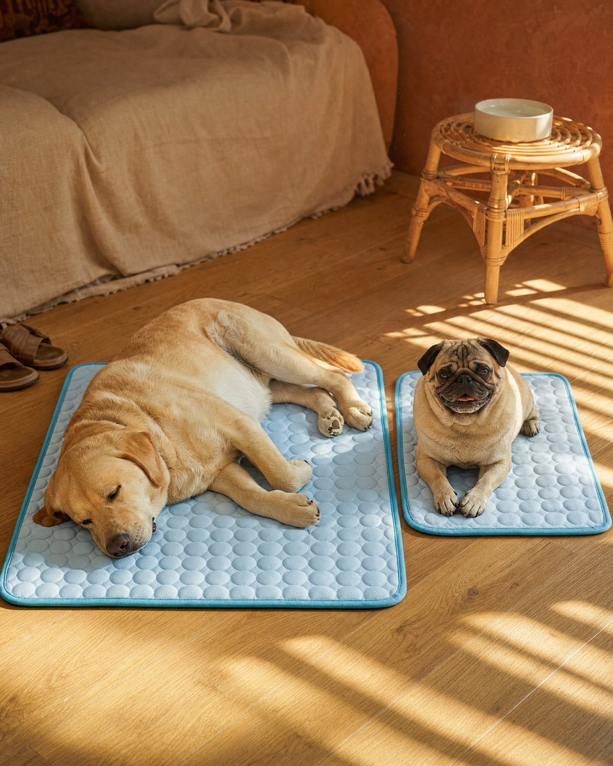 Two dogs resting on two PawFresco ice-silk cooling mats in an Australian living room