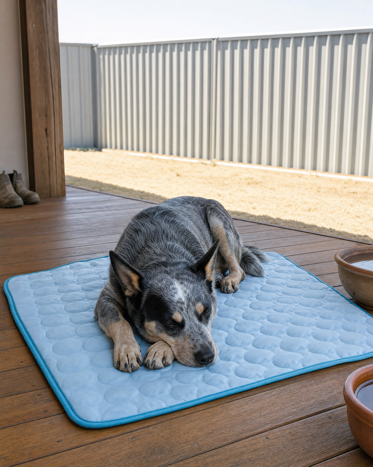 A cattle dog resting on the PawFresco ChillMat on a shaded Australian verandah