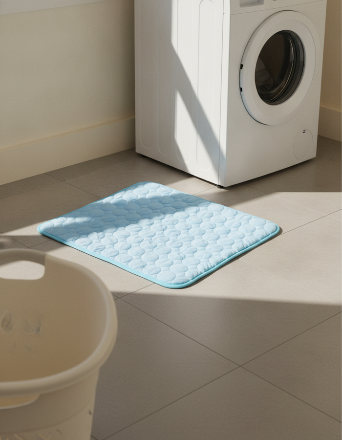 ChillMat drying on the laundry floor next to a washing machine