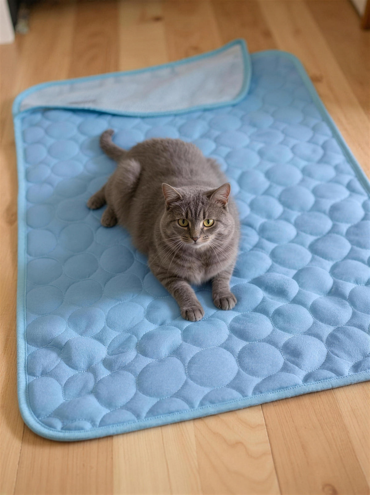 A cat lying on the PawFresco ChillMat, showing the breathable mesh backing