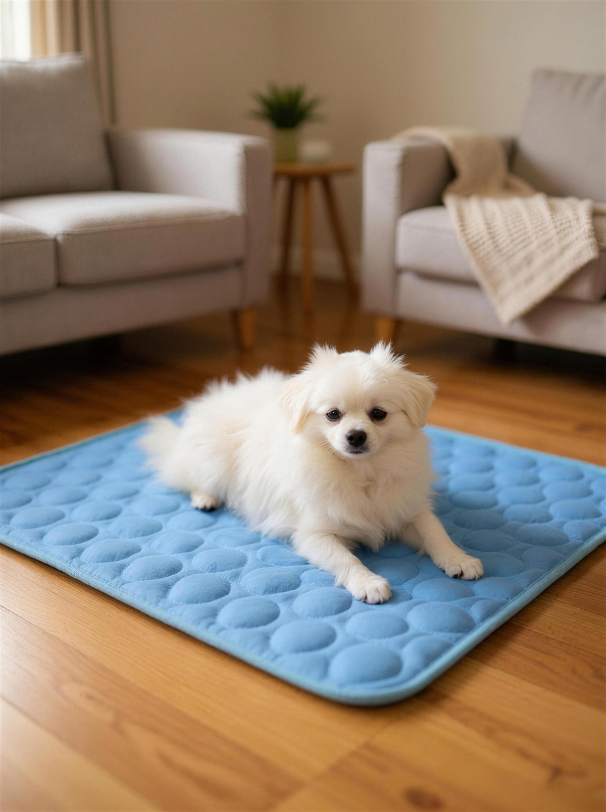A cavoodle lying relaxed on the PawFresco ChillMat in a warm living room