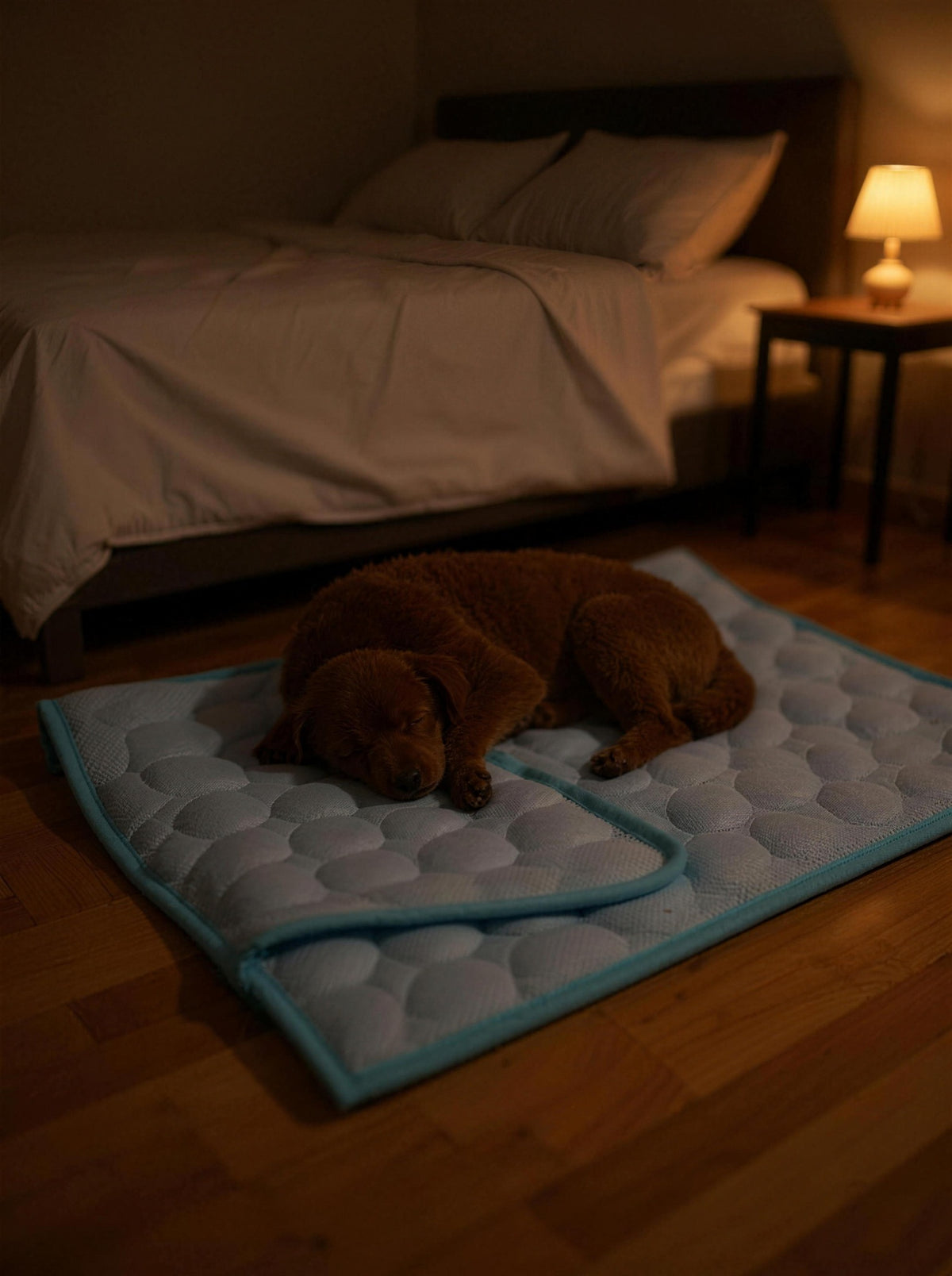 A dog sleeping on the ChillMat beside a bed on a warm summer night