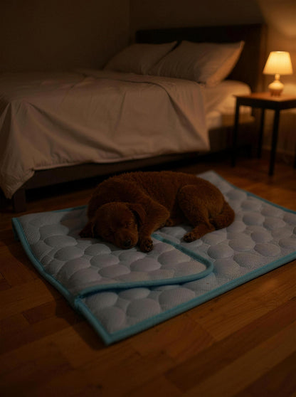 A dog sleeping on the ChillMat beside a bed on a warm summer night