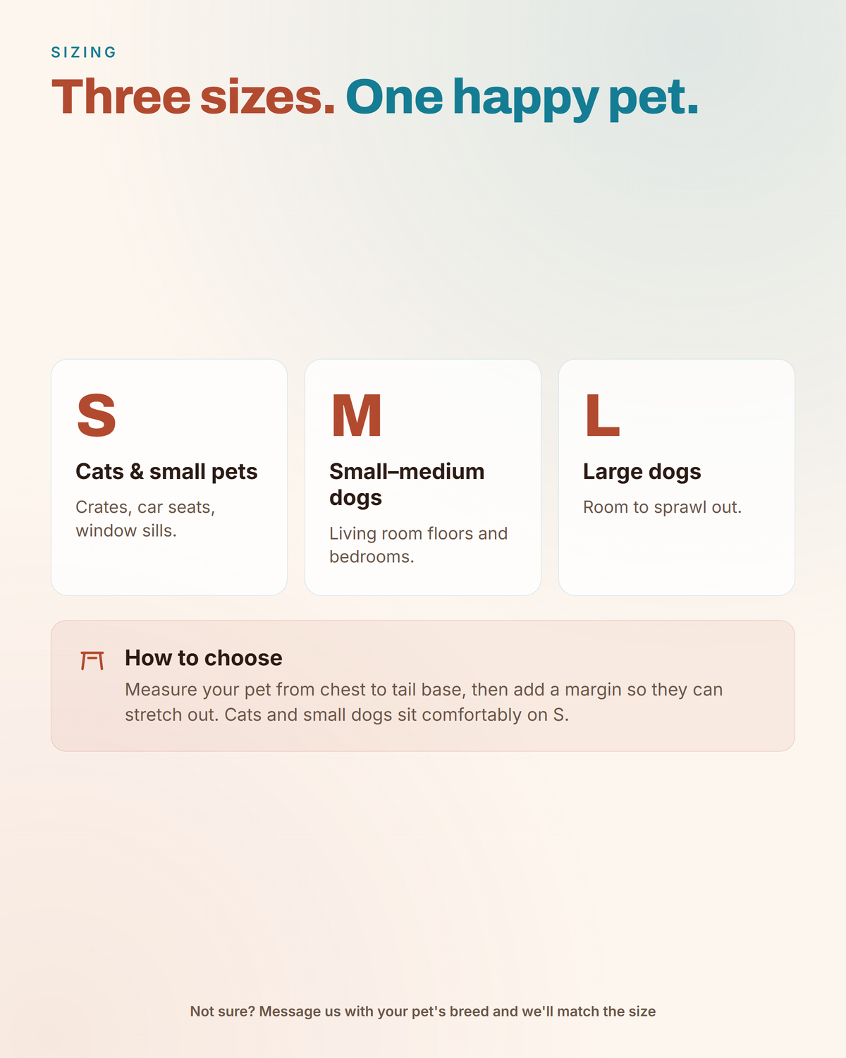 ChillMat sizing guide — S for cats and small pets, M for small–medium dogs, L for large dogs