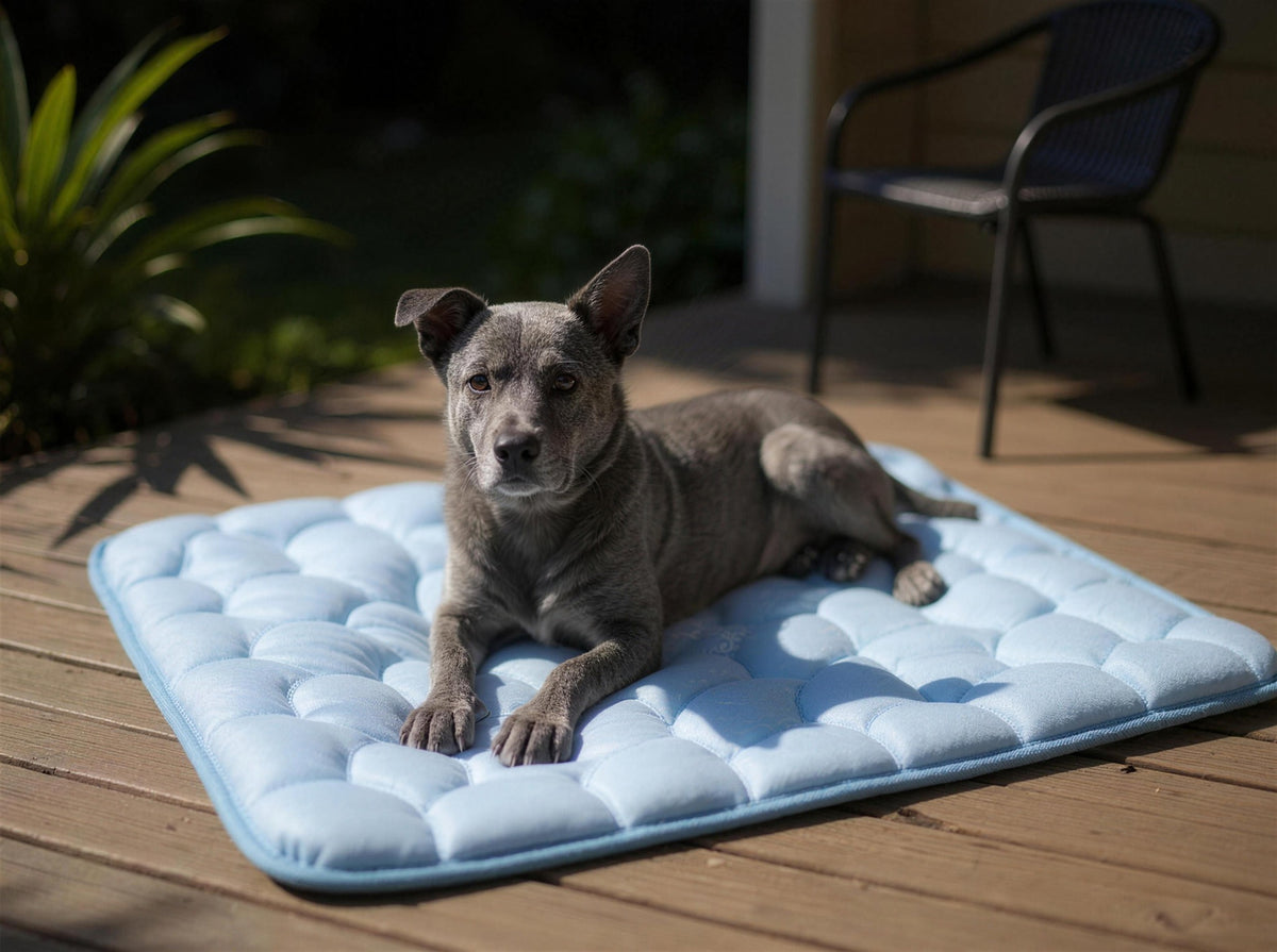A cattle dog resting on the ChillMat on a shaded backyard deck