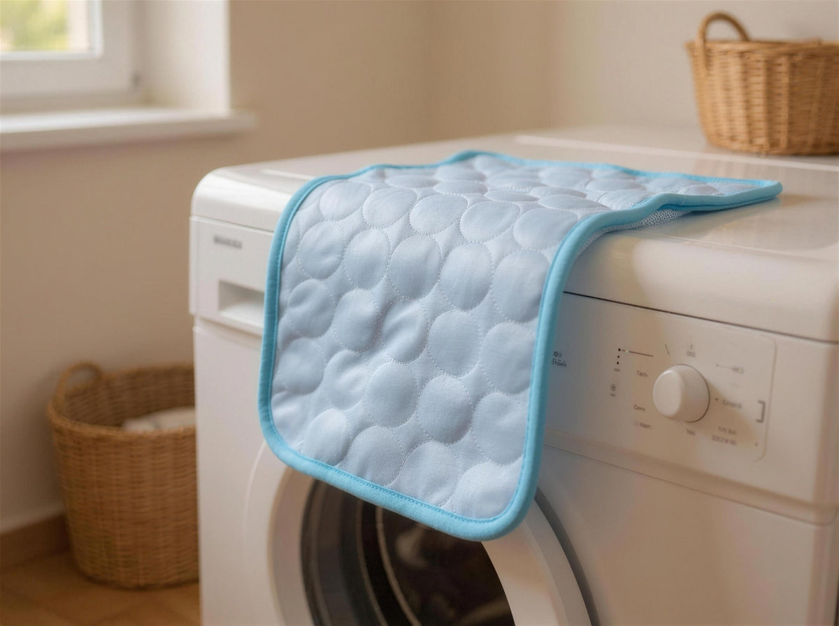 The ChillMat draped over a washing machine — machine washable