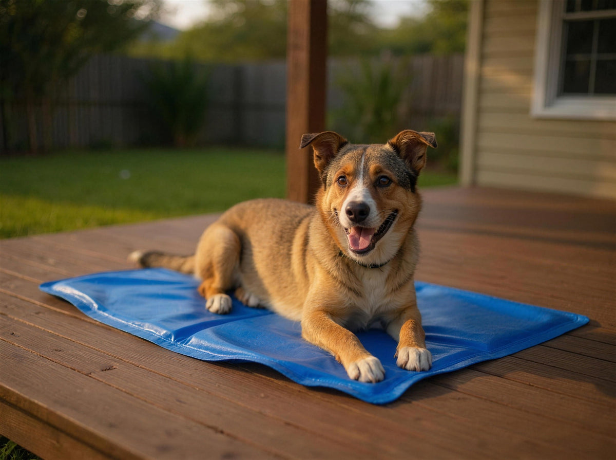 Dog resting on the ChillMat on a shaded backyard deck in summer